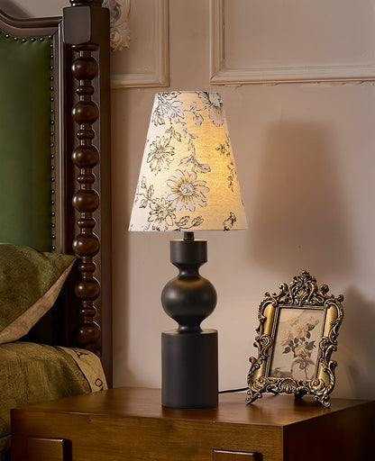 Wooden Table Lamp | Dark Walnut Base with Floral Shade | 22cm Diameter