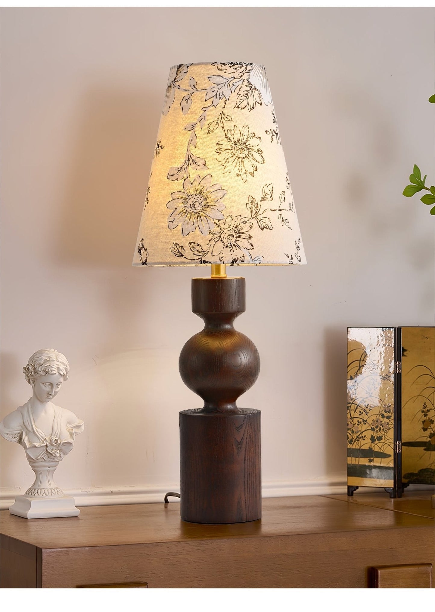 Wooden Table Lamp | Dark Walnut Base with Floral Shade | 22cm Diameter