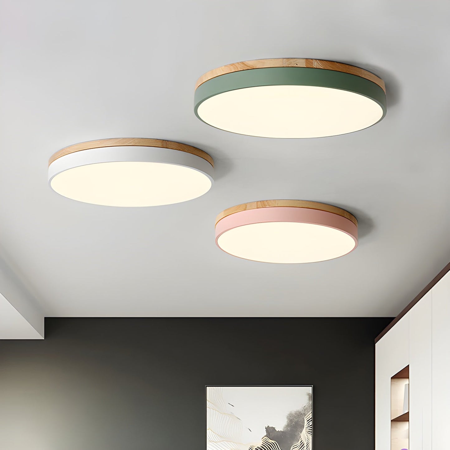 Zara Circular Ceiling Lamp | Wood & Matte Grey Frame | 30cm, 40cm, 50cm Options