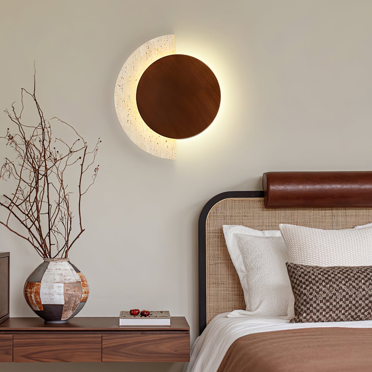 Crescent Halo Wall Sconce | Yellow Travertine & Wood | Various Sizes