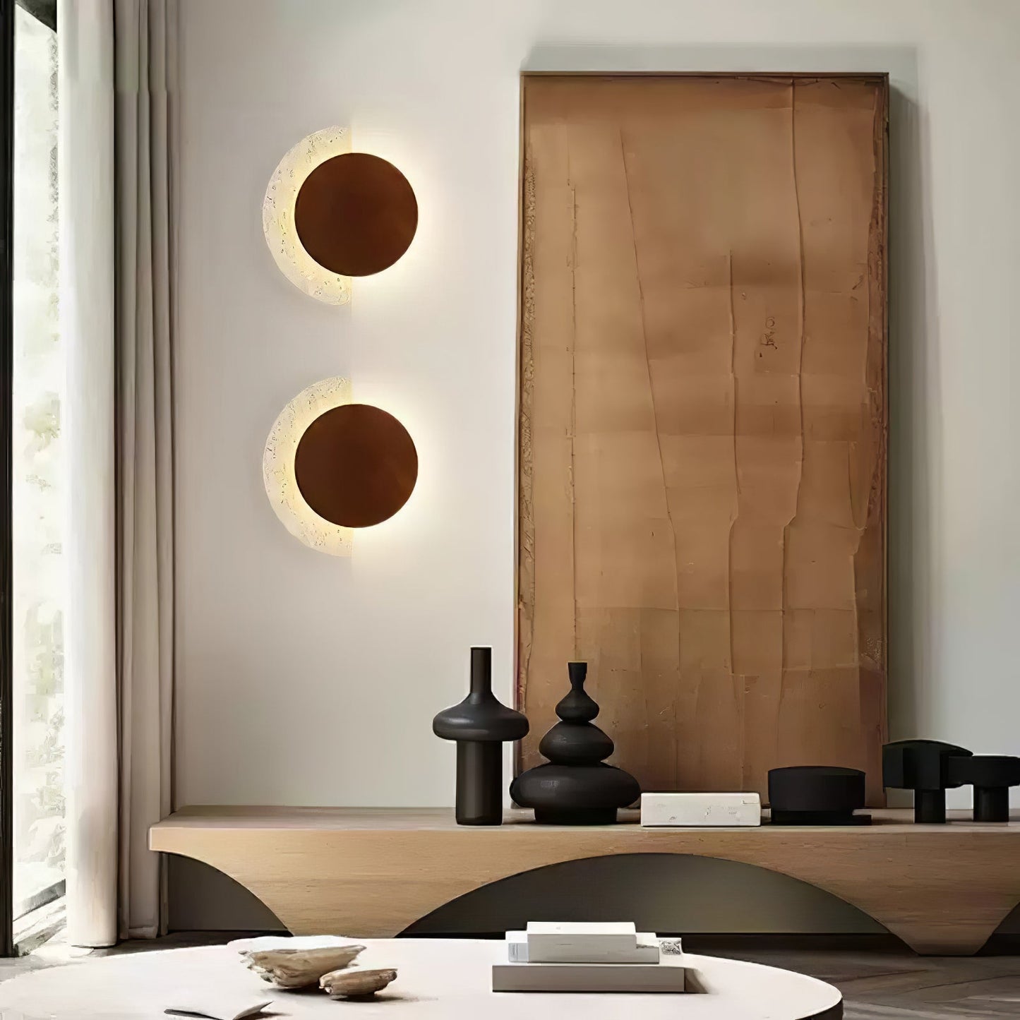 Crescent Halo Wall Sconce | Yellow Travertine & Wood | Various Sizes