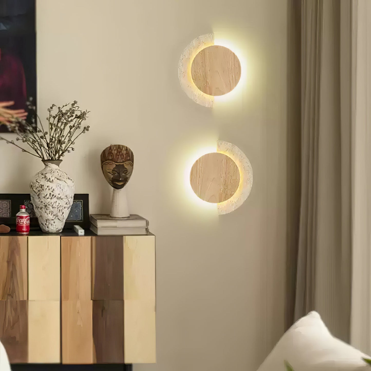 Crescent Halo Wall Sconce | Yellow Travertine & Wood | Various Sizes