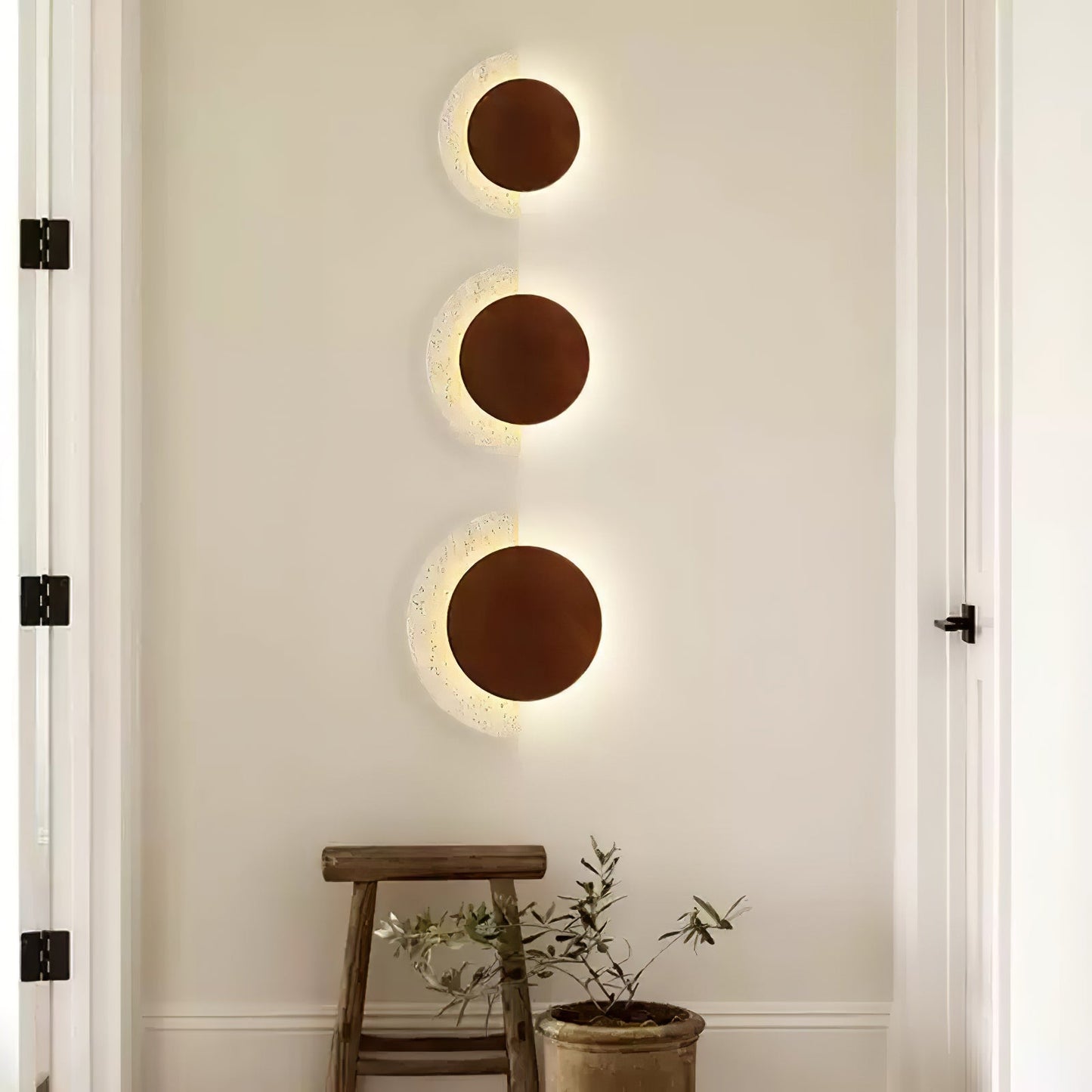 Crescent Halo Wall Sconce | Yellow Travertine & Wood | Various Sizes