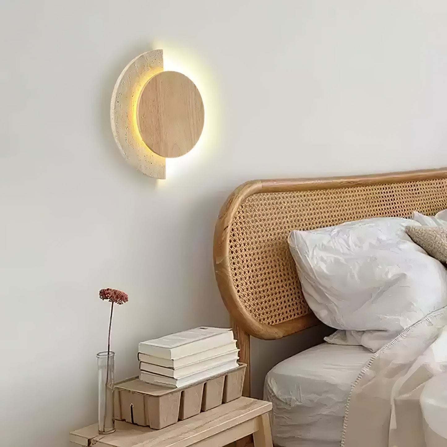 Crescent Halo Wall Sconce | Yellow Travertine & Wood | Various Sizes