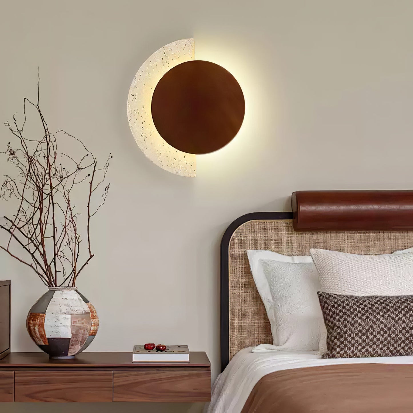 Crescent Halo Wall Sconce | Yellow Travertine & Wood | Various Sizes