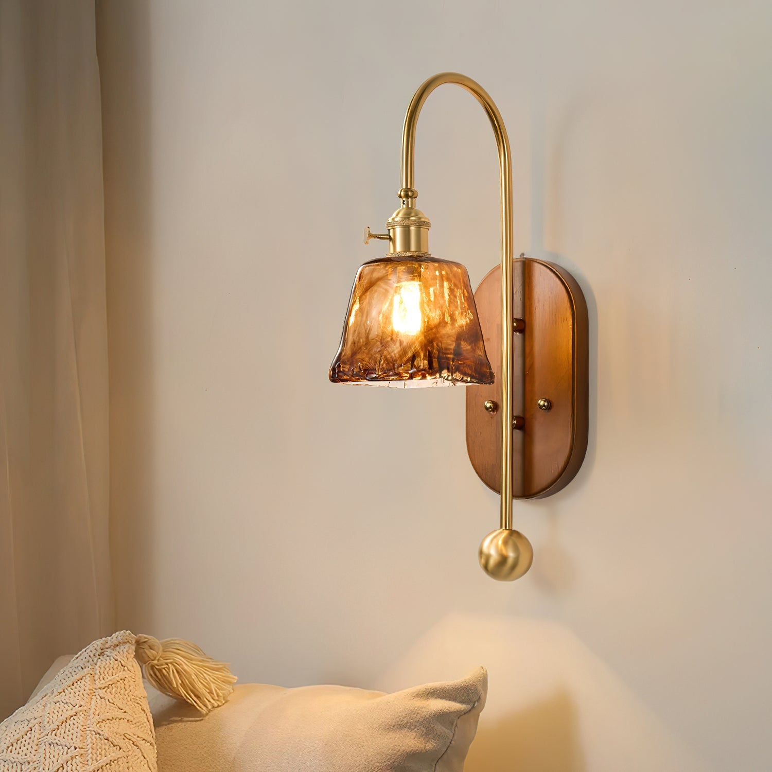 Zutter Wall Light | Solid Brass & Walnut | Amber Glass Shade