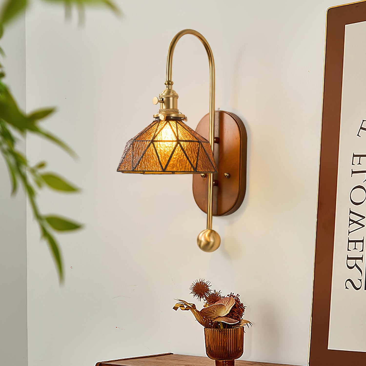 Zutter Wall Light | Solid Brass & Walnut | Amber Glass Shade