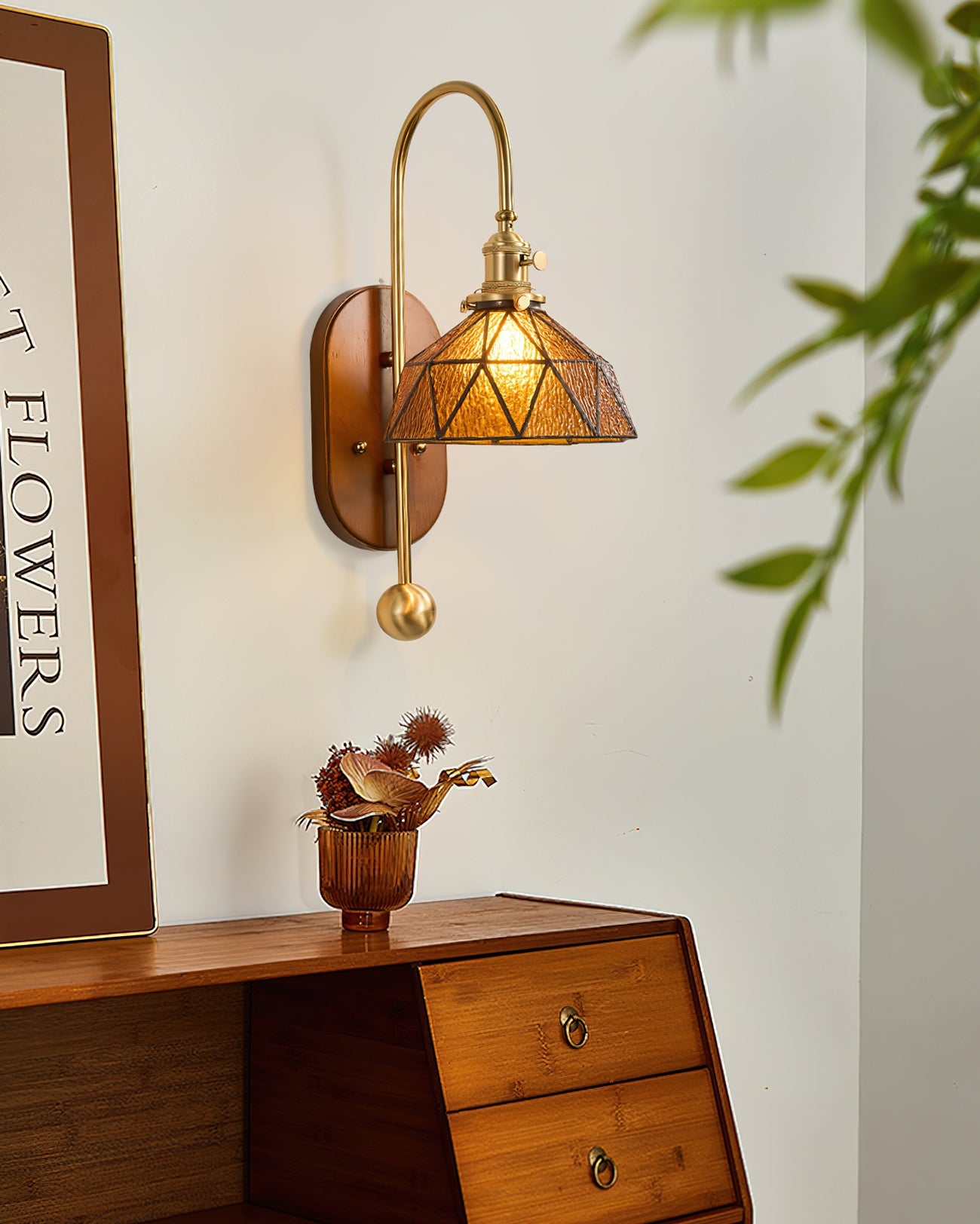 Zutter Wall Light | Solid Brass & Walnut | Amber Glass Shade