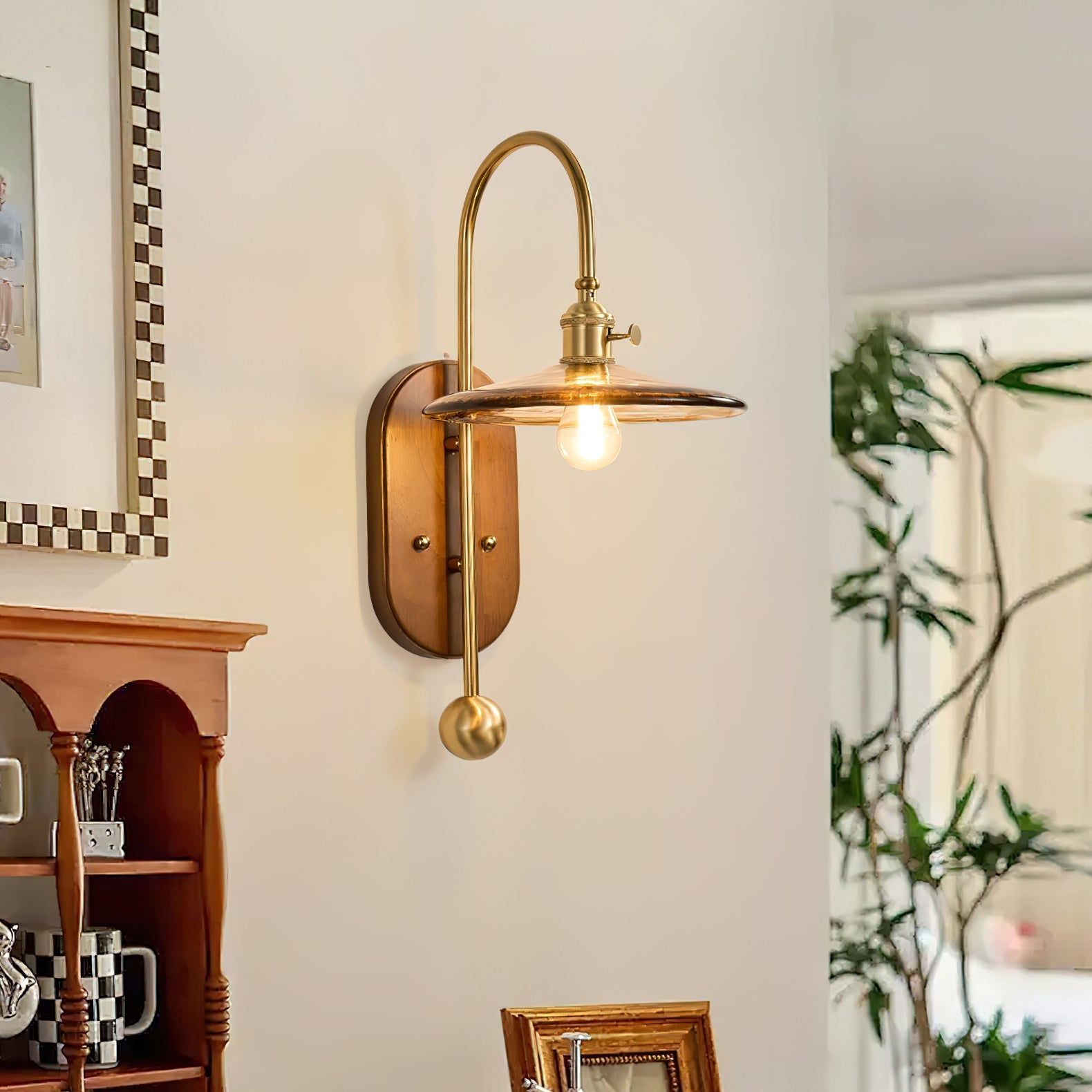 Zutter Wall Light | Solid Brass & Walnut | Amber Glass Shade