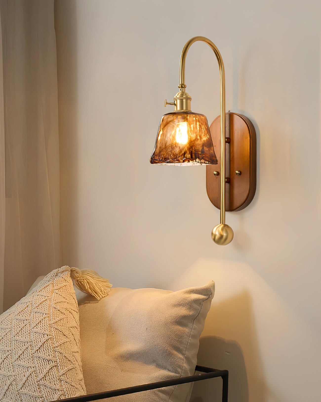 Zutter Wall Light | Solid Brass & Walnut | Amber Glass Shade