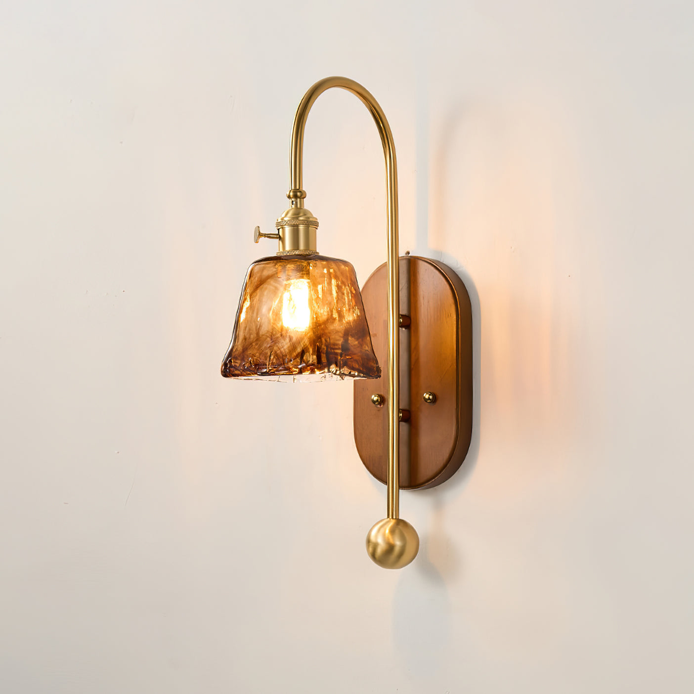 Zutter Wall Light | Solid Brass & Walnut | Amber Glass Shade