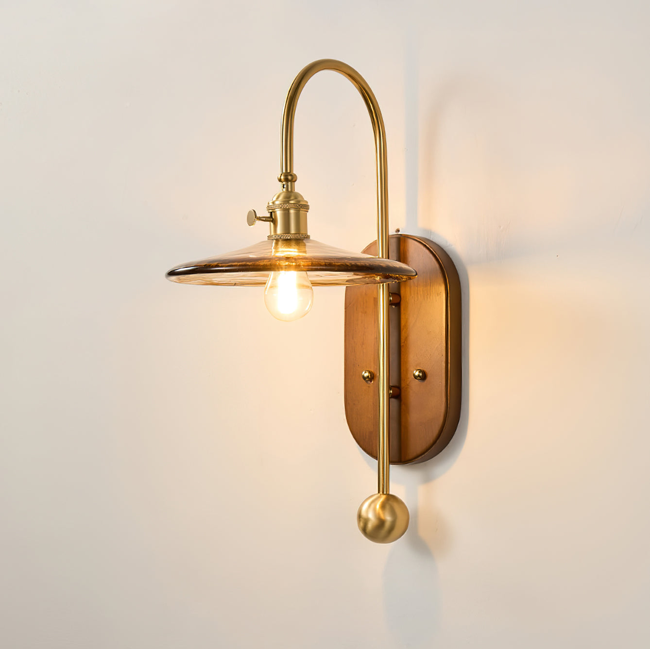 Zutter Wall Light | Solid Brass & Walnut | Amber Glass Shade