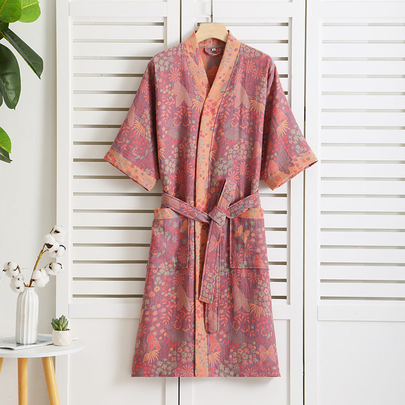 Cotton Gauze Summer Bathrobe | Double Layered | Retro Print
