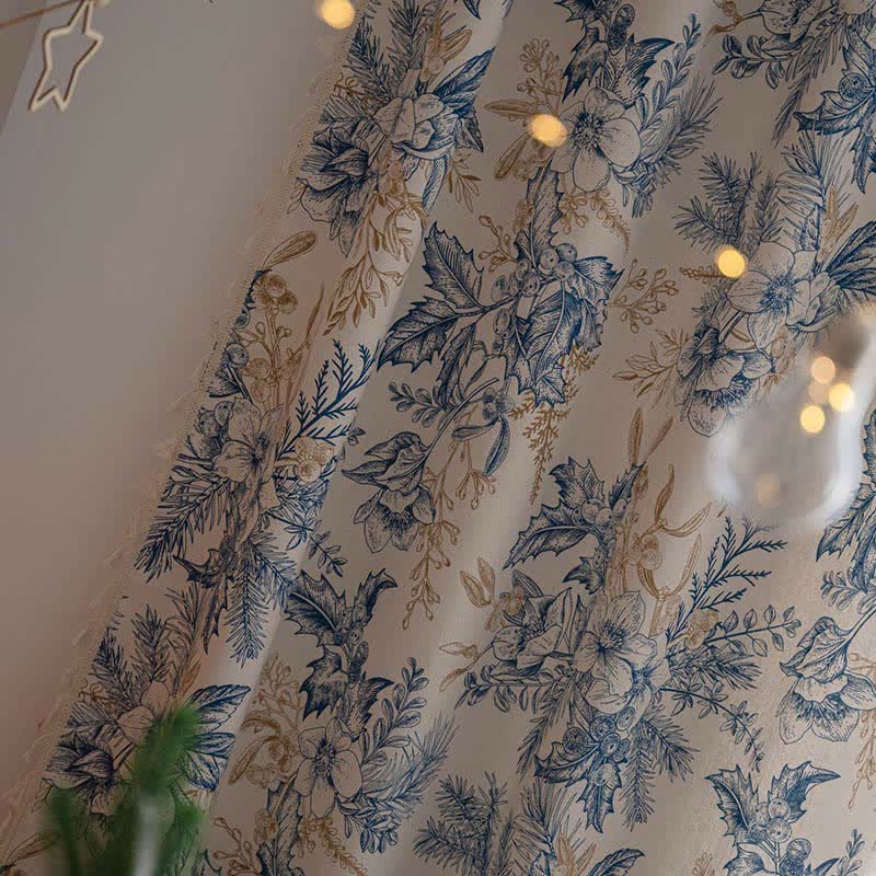 Blue Flower Semi-Blackout Curtain | Cotton and Linen | 1 Piece