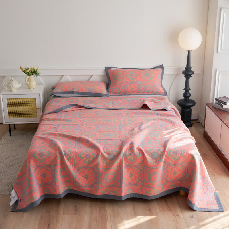 Jacquard Floral Cotton Quilt | 100% Organic Cotton | Reversible Design with Pillow Towels