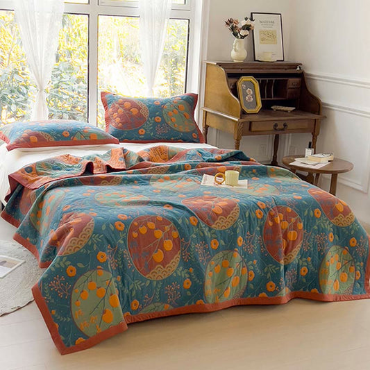 Persimmon Flower Cotton Quilt | Reversible Double-Sided | Full/Queen/King Sizes