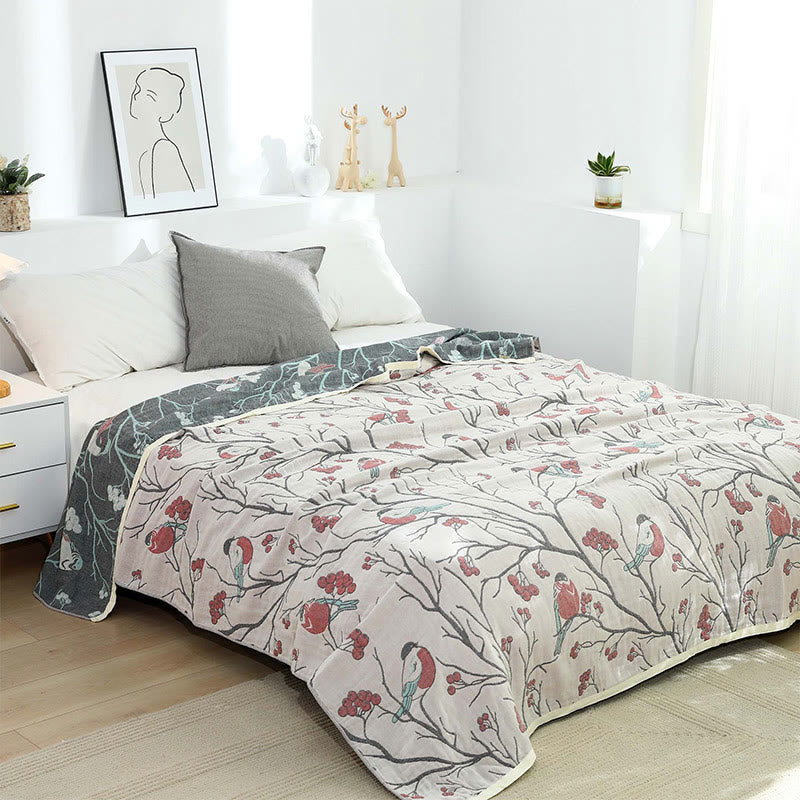 Hawthorn Tree Bird Quilt | 100% Organic Cotton | Reversible Design, Full/Queen Size