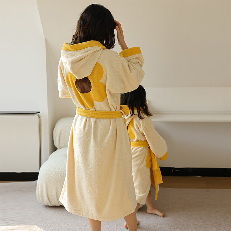 Flower Colorblock Hooded Bathrobe | Soft Cotton Fabric | Kids & Adults Sizes