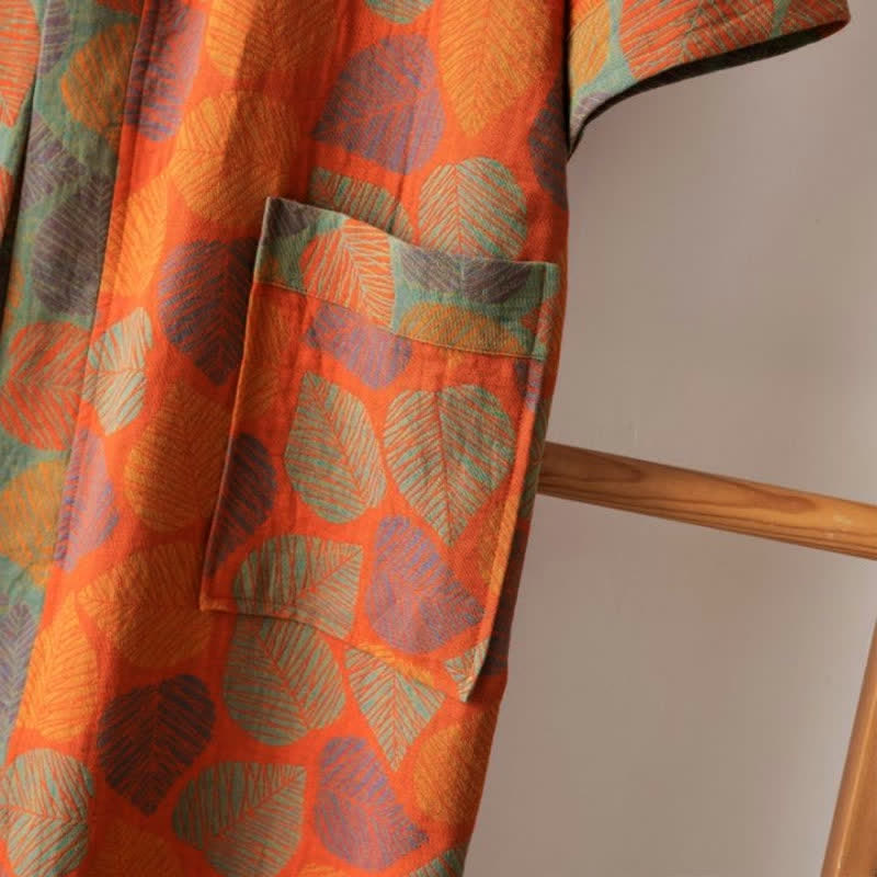 Cotton Gauze Bathrobe | Leaf Pattern | Adjustable Belt, Pockets