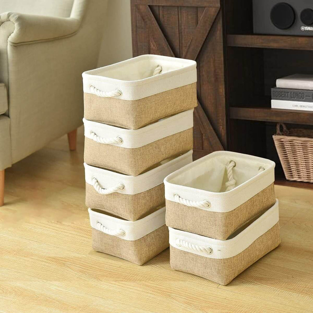 Fabric Storage Baskets | White & Khaki Rope Handles | Set of 5