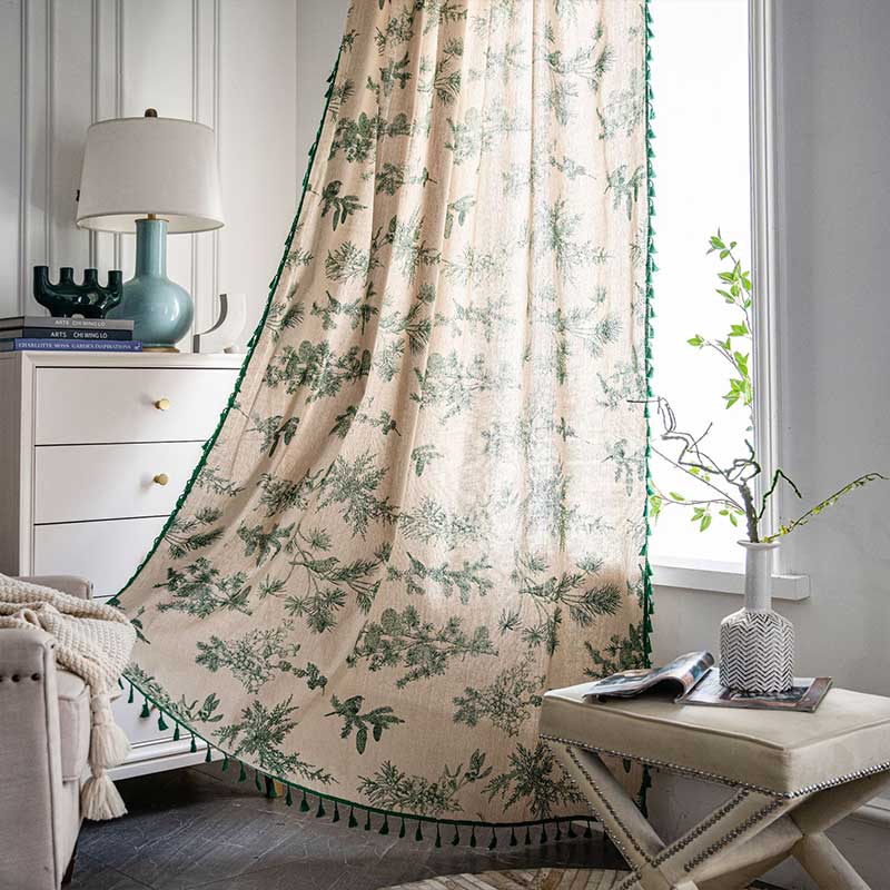 Green Pine Bird Pattern Curtain | Cotton Blend Fabric | Semi-Blackout Design