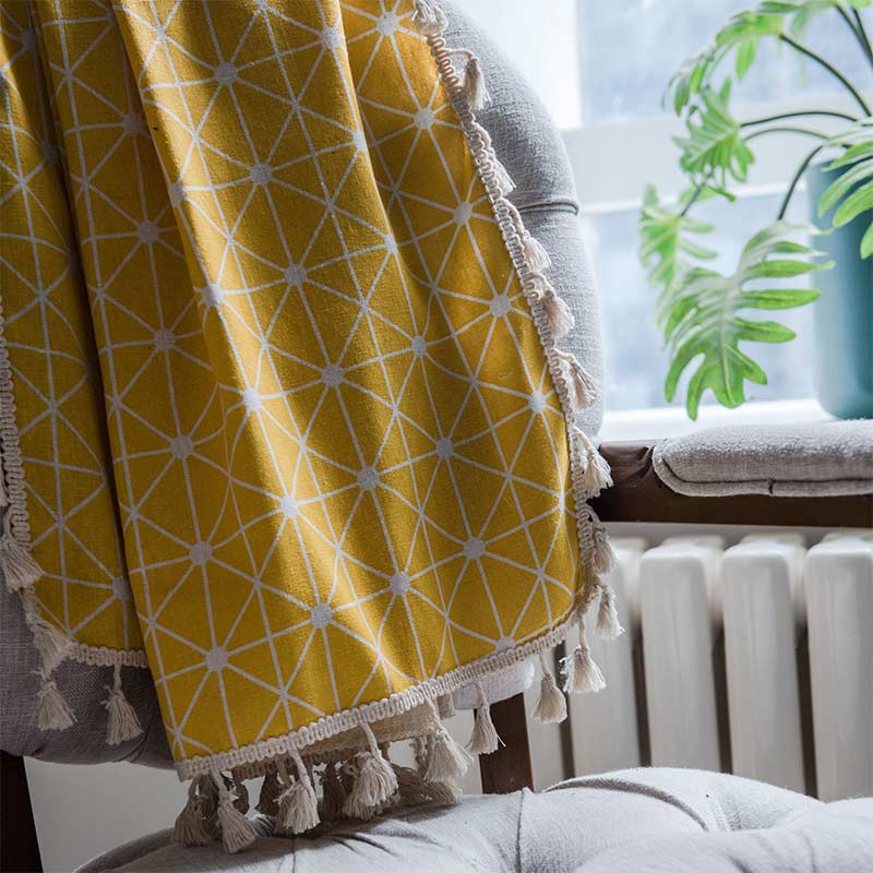 Yellow Plaid Semi-Blackout Curtains | Cotton with Tassels | 1 Piece