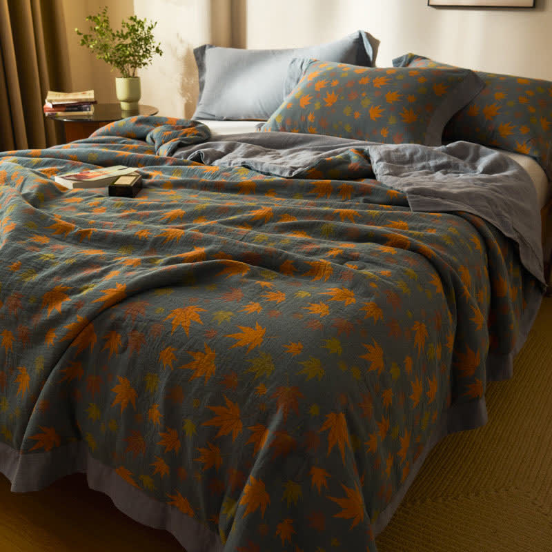 Maple Leaf Jacquard Quilt | 100% Organic Cotton | Orange and Yellow Design