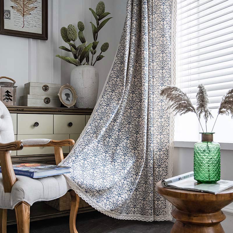 Boho Semi-Blackout Curtain | Cotton Blend | Blue Pattern
