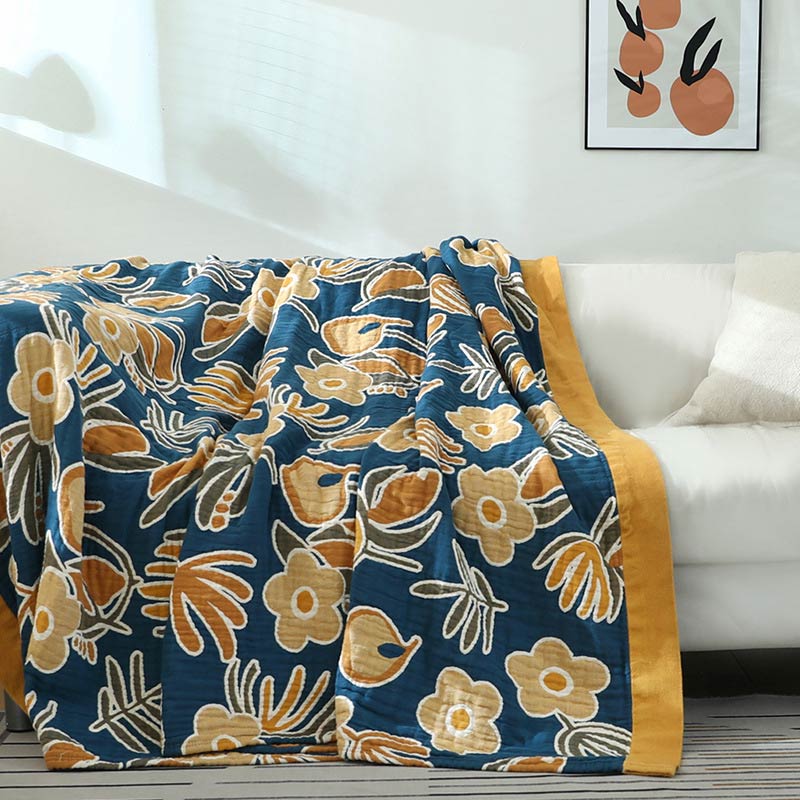 Yellow Flower Sofa Blanket | Soft Cotton Gauze | Reversible Design