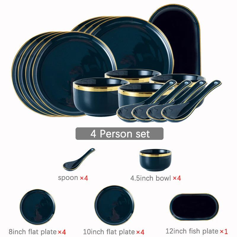 Oxford Blue Dinnerware Set | Fine Porcelain with Gold Rim | 4, 6, or 8 People