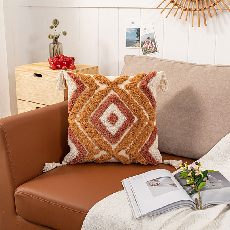 Morocco Jacquard Pillow Cover | Cotton with Tassels | Neutral Color