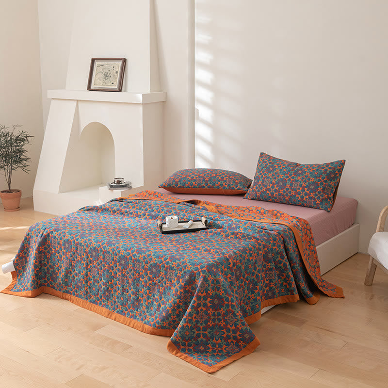Cotton Quilt Set | Reversible Orange & Blue | 1 Quilt & 2 Pillowcases
