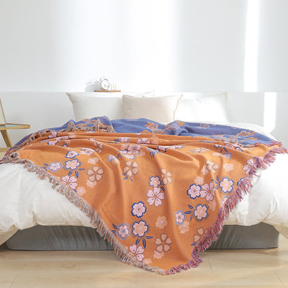 Blooming Flowers Soft Tassel Blanket | Pure Cotton | Full Size 59"W x 79"L
