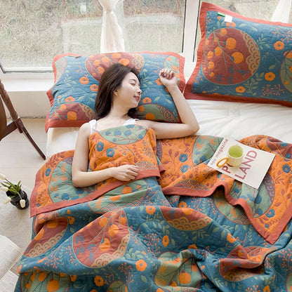 Persimmon Flower Cotton Quilt | Reversible Double-Sided | Full/Queen/King Sizes
