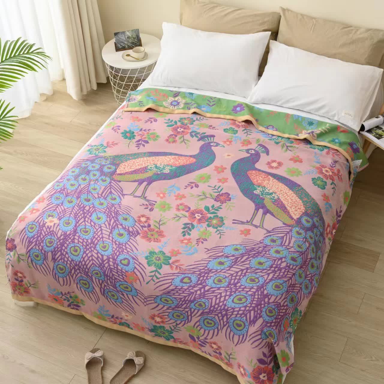 Cotton Gauze Blanket | Elegant Peacock & Floral Design | Full Size 59" x 79"