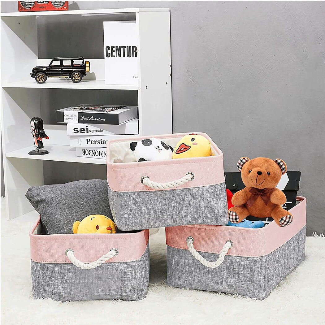 Storage Baskets Set | Durable Linen & EVA | Grey/Pink, 42x32x25cm