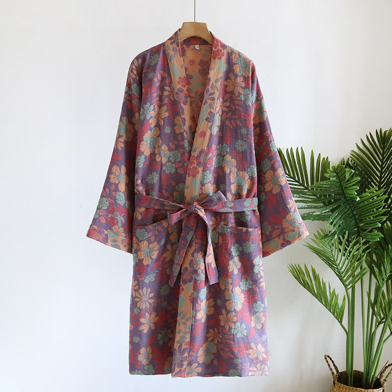 Cotton Gauze Bathrobe | Floral Jacquard | Soft & Comfortable