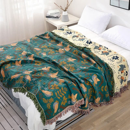 Boho Reversible Blanket | 100% Cotton | Floral and Bird Patterns