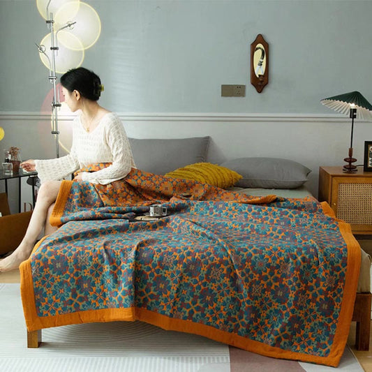 Cotton Quilt Set | Reversible Orange & Blue | 1 Quilt & 2 Pillowcases