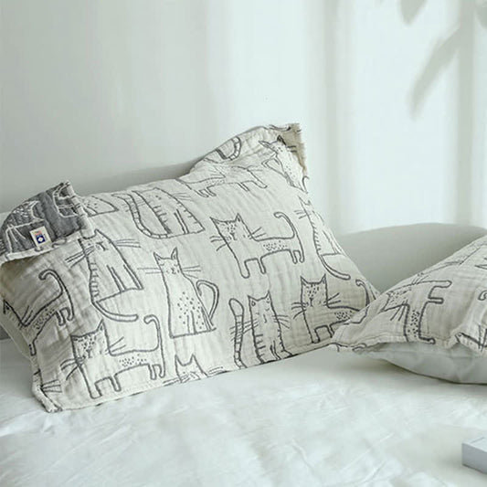 Cat Print Cotton Pillow Towels | Set of 2