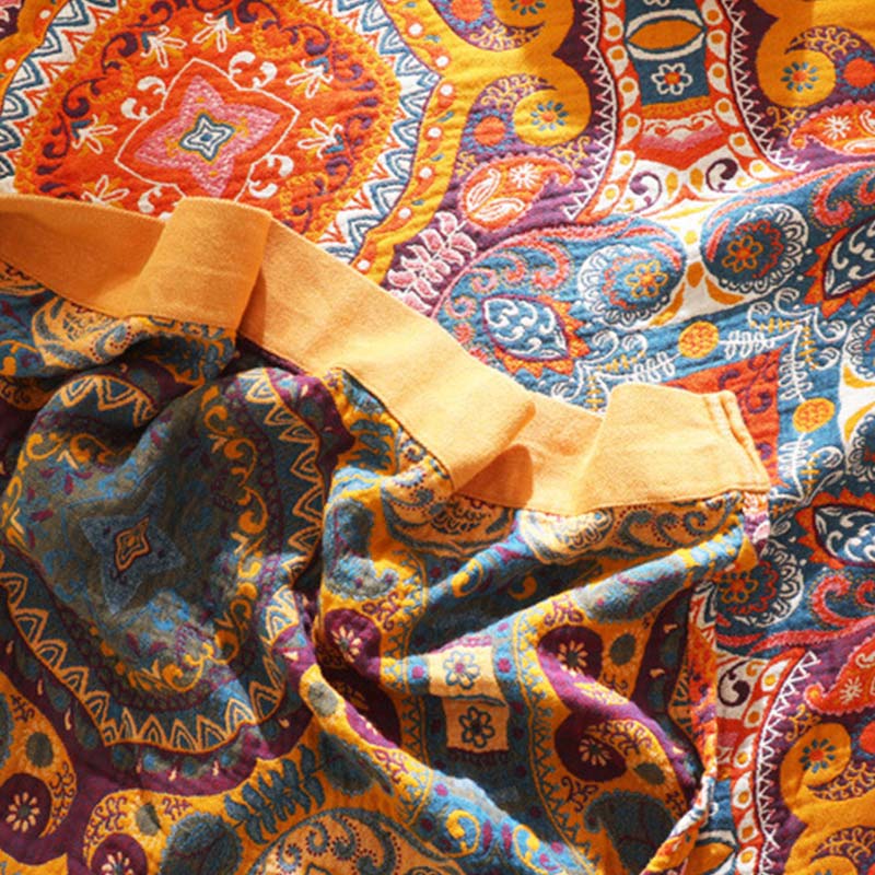 Reversible Cotton Quilt | Dark Orange Bohemian Design | Available in Full, Queen, King Sizes