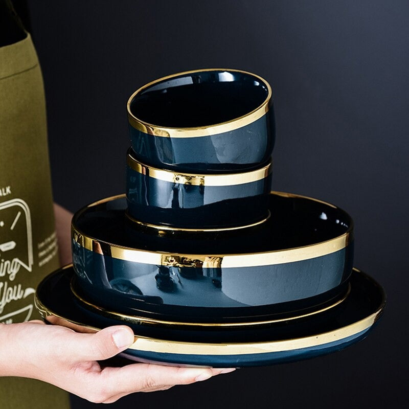 Oxford Blue Dinnerware Set | Fine Porcelain with Gold Rim | 4, 6, or 8 People