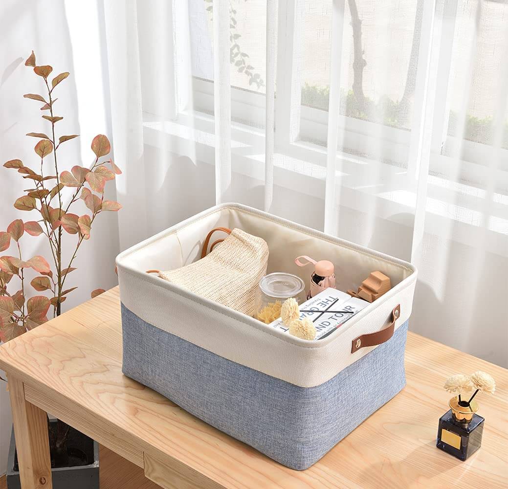 Blue and White Canvas Storage Basket | Durable Linen with Leather Handles | Multiple Sizes Available