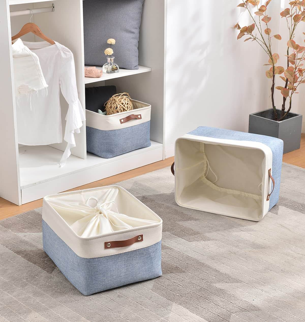 Blue and White Canvas Storage Basket | Durable Linen with Leather Handles | Multiple Sizes Available