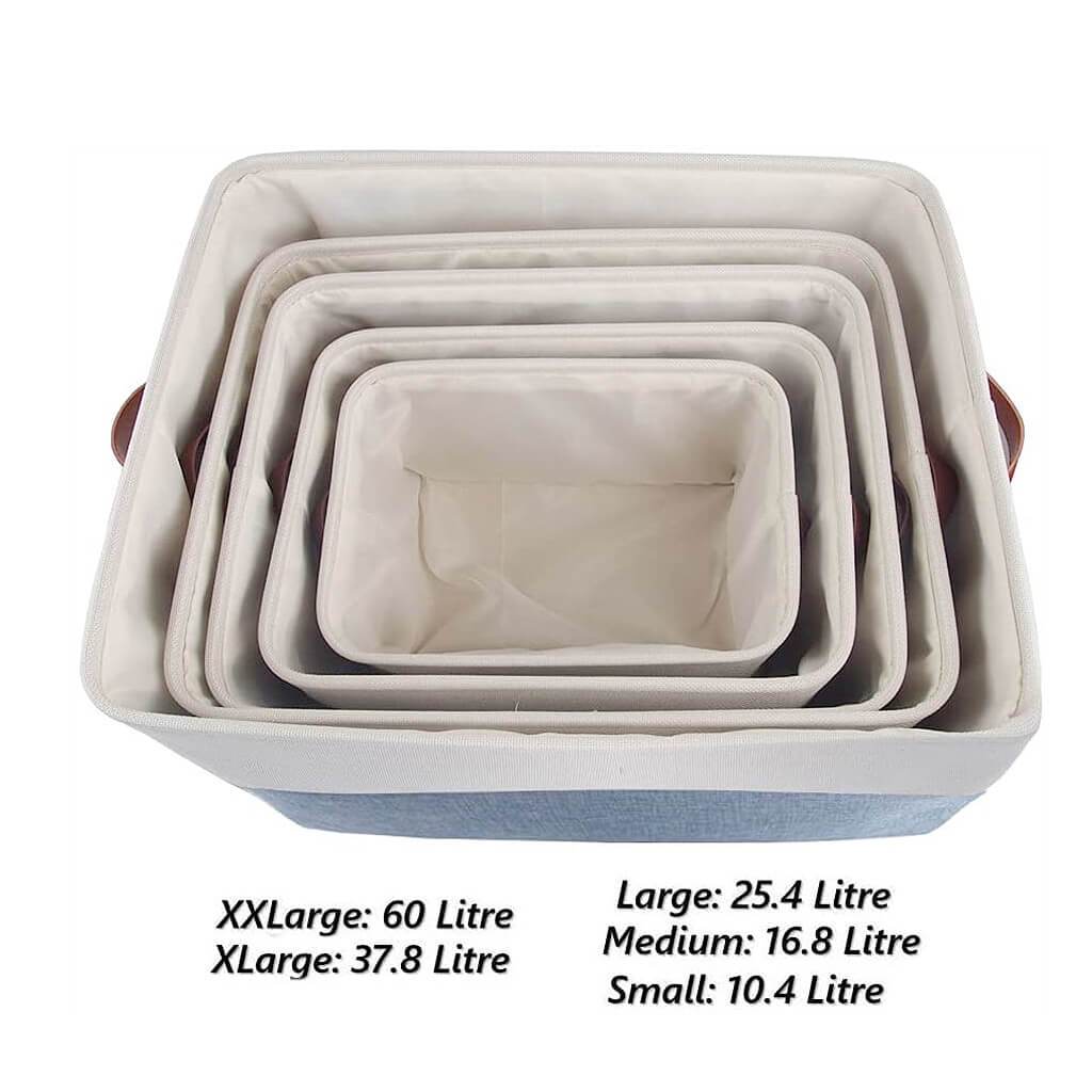 Blue and White Canvas Storage Basket | Durable Linen with Leather Handles | Multiple Sizes Available