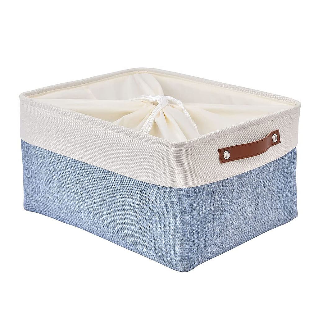 Blue and White Canvas Storage Basket | Durable Linen with Leather Handles | Multiple Sizes Available