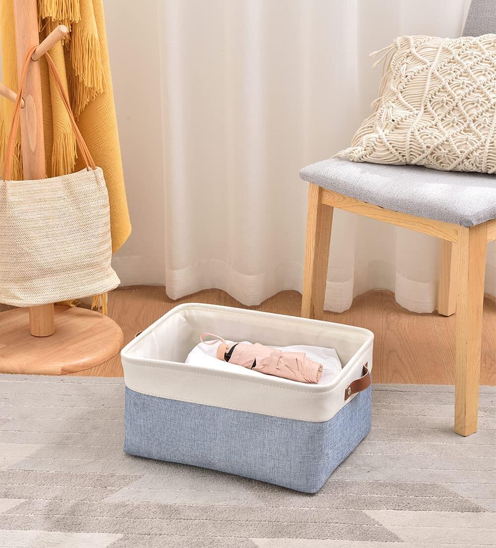 Blue and White Canvas Storage Basket | Durable Linen with Leather Handles | Multiple Sizes Available