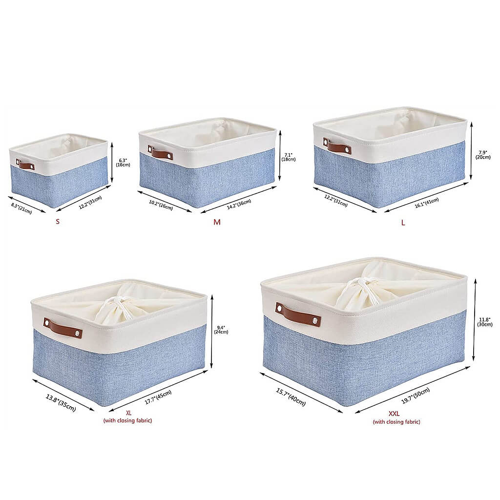 Blue and White Canvas Storage Basket | Durable Linen with Leather Handles | Multiple Sizes Available