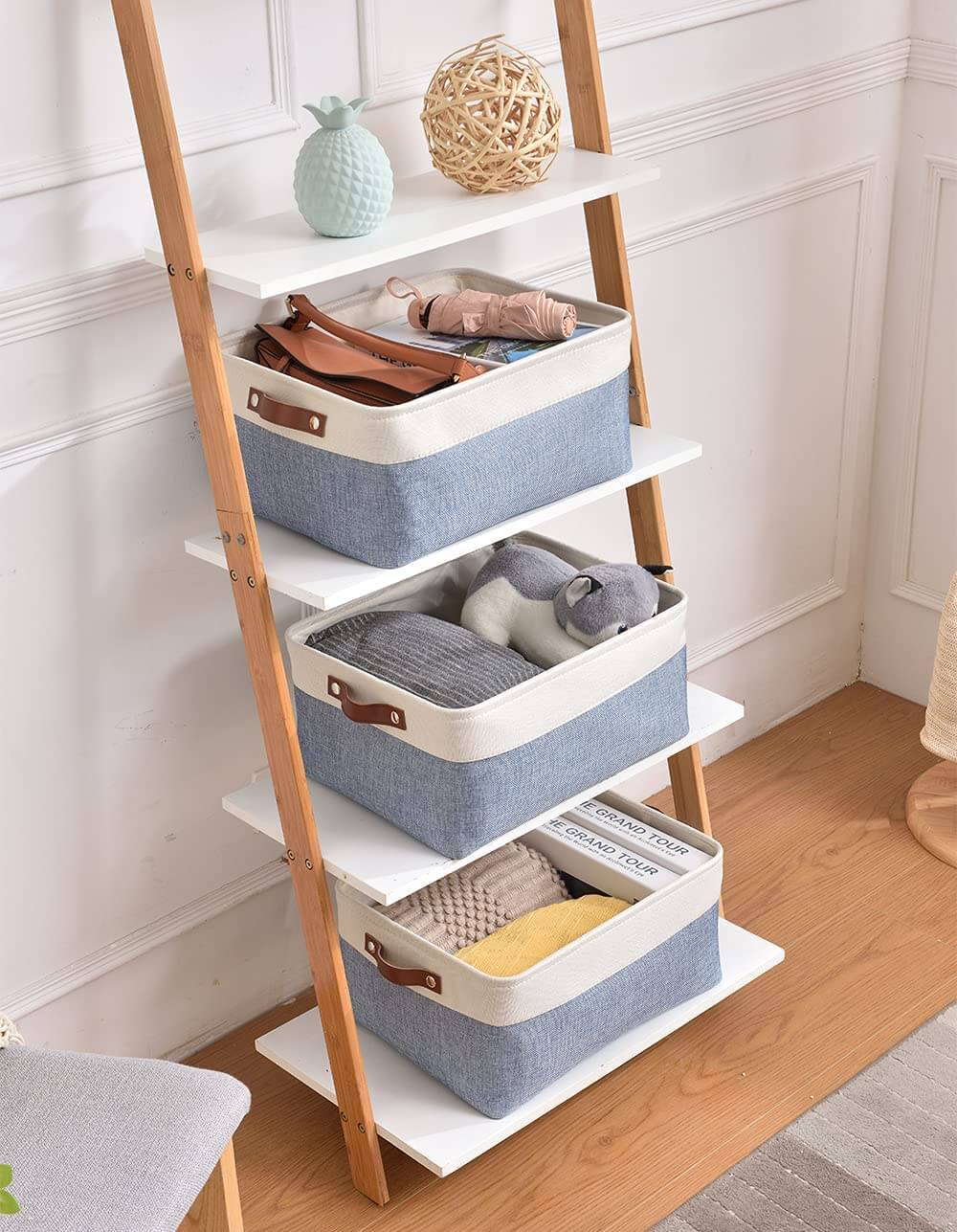 Blue and White Canvas Storage Basket | Durable Linen with Leather Handles | Multiple Sizes Available