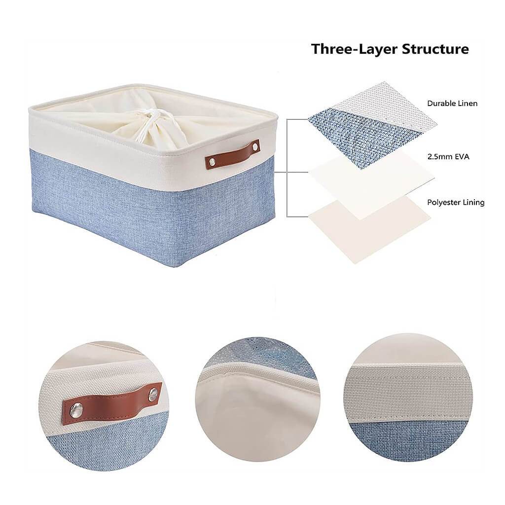 Blue and White Canvas Storage Basket | Durable Linen with Leather Handles | Multiple Sizes Available